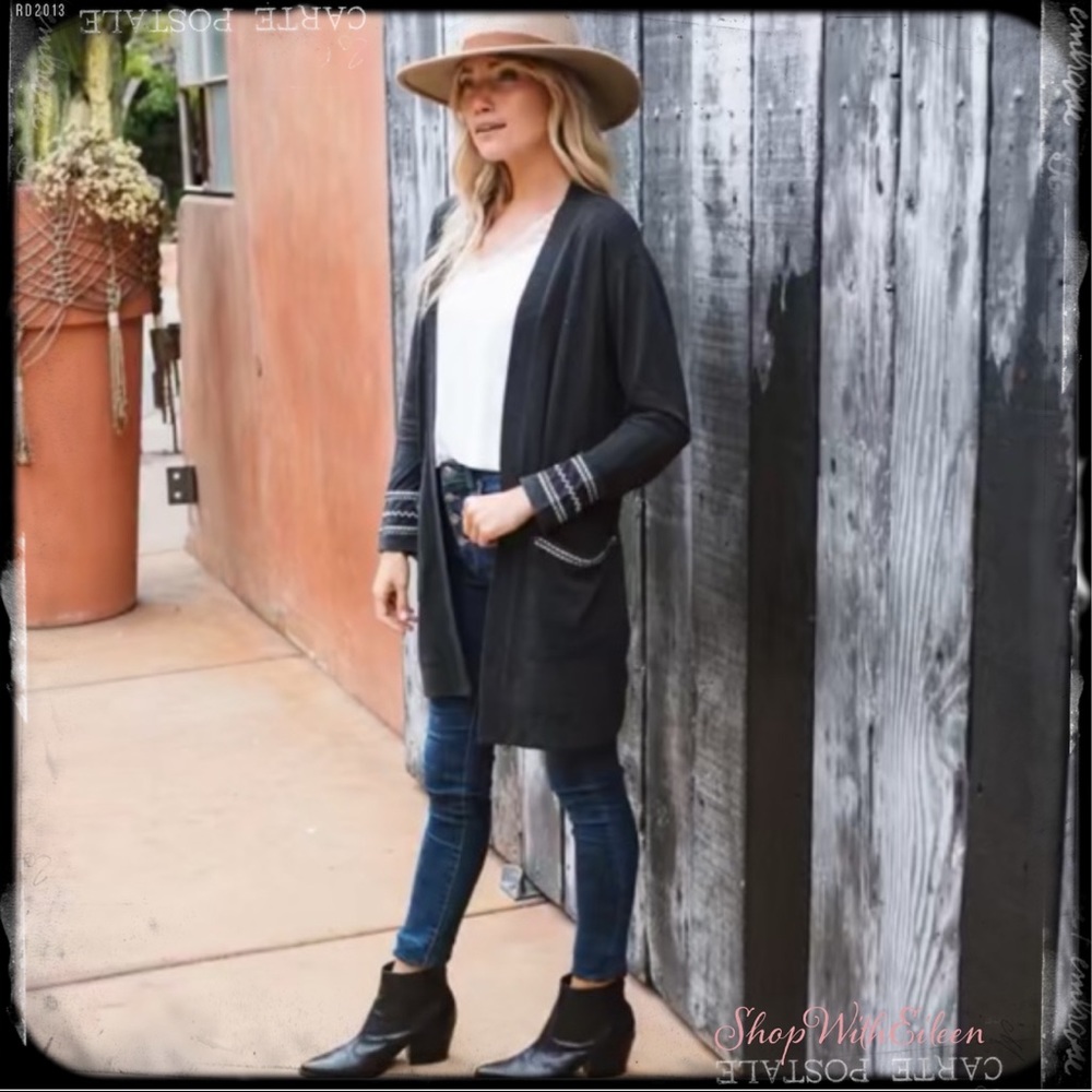 Heathered Charcoal Embroidered Trim Long Cardigan NEW